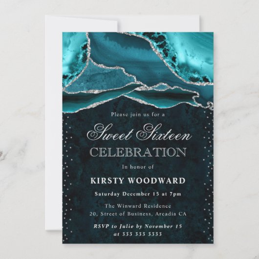 Invitation Marbre Agate Argent Turquoise Glam Sweet 16 (Devant)