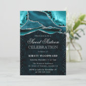 Invitation Marbre Agate Argent Turquoise Glam Sweet 16 (Debout devant)