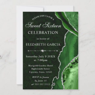 Invitation Marbre Agate Argent Vert Glam Anniversaire 16 Ans
