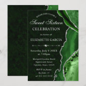 Invitation Marbre Agate Argent Vert Glam Anniversaire 16 Ans (Devant / Derrière)
