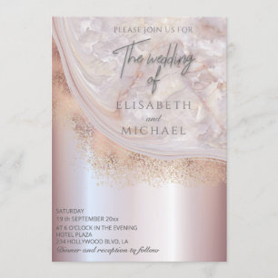 Invitation Marbre agate or rose perle calligraphie métallique
