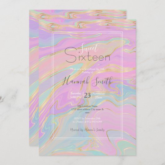 Invitation Marbre arc-en-ciel en or rose (Devant / Derrière)