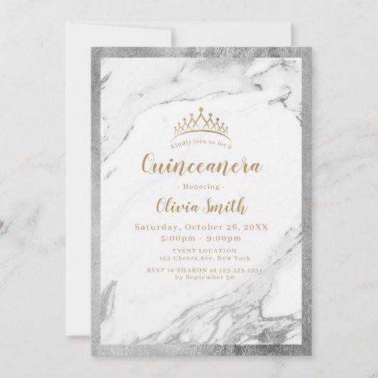 Invitation Marbre argenté faux doré moderne Quinceanera (Devant)