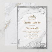 Invitation Marbre argenté faux doré moderne Quinceanera (Devant / Derrière)