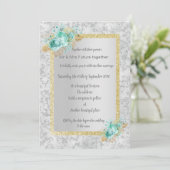 Invitation Marbre argenté mariage fleuri avec or fleuri aqua (Debout devant)