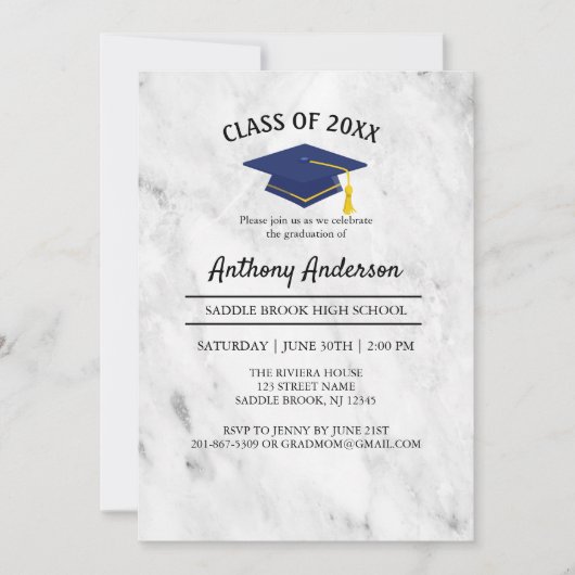 Invitation Marbre blanc avec Marine Blue Grad Casquette gradu (Devant)