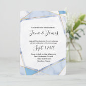 Invitation Marbre blanc & bleu Cadre or Mariage moderne (Debout devant)