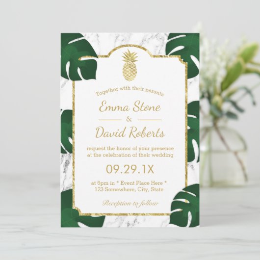 Invitation Marbre blanc d'ananas Mariage tropical (Debout devant)