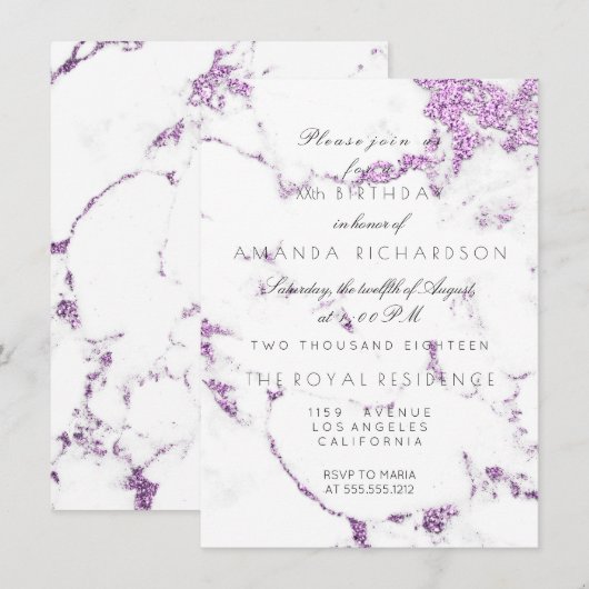 Invitation Marbre Blanc de Carrare Paillettes Violet Lavande  (Devant / Derrière)