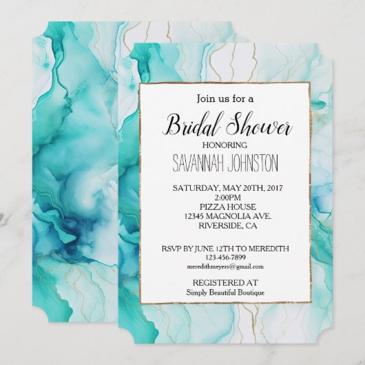 Invitation Marbre blanc d'or Aqua Mint (Devant / Derrière)