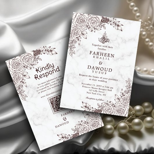 Invitation Marbre blanc Floral dentelle islamique QR Code Mar