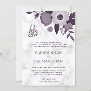 Invitation Marbre blanc floral violet foncé Mariage islamique