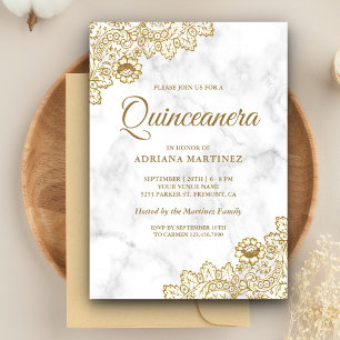 Invitation Marbre blanc Gold Vintage Pays Dentelle Quinceaner