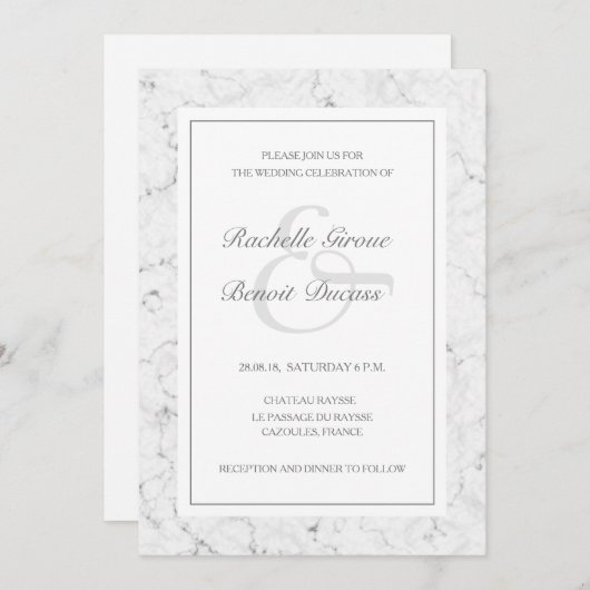 Invitation Marbre blanc gris noir élégant mariage moderne (Devant / Derrière)