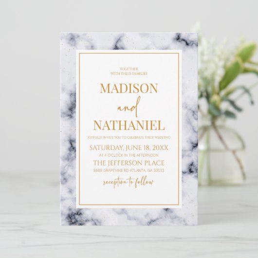 Invitation Marbre blanc gris or Marbre élégant mariage (Debout devant)