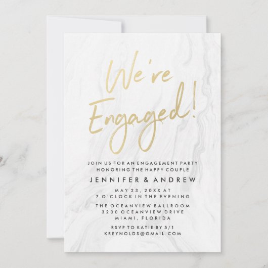 Invitation Marbre blanc moderne Gold Script | Partie d'engage (Devant)
