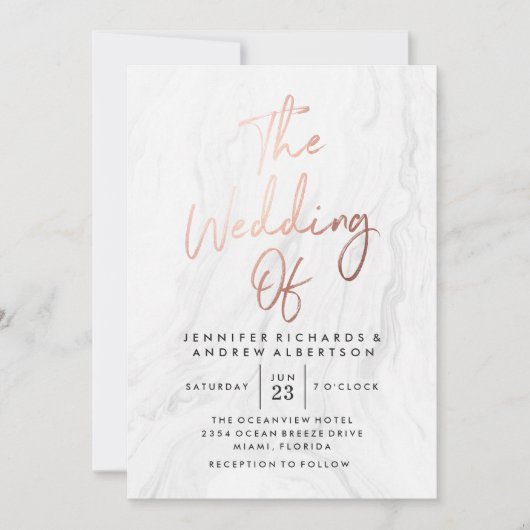 Invitation Marbre blanc moderne Rose Gold Script | MARIAGE (Devant)