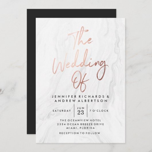 Invitation Marbre blanc moderne Rose Gold Script | MARIAGE (Devant / Derrière)