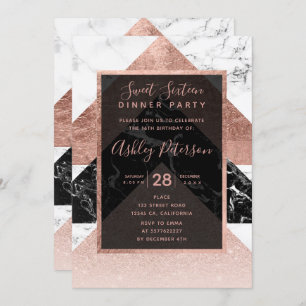 Invitation Marbre blanc noir d'or rose moderne Sweet 16