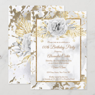 Invitation Marbre blanc or Rose florale Fête d'anniversaire
