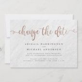 Invitation Marbre Blanc & Or Rose Script Changer la Date (Devant)