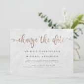 Invitation Marbre Blanc & Or Rose Script Changer la Date (Debout devant)