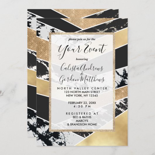 Invitation Marbre blanc Parties scintillant doré moderne géom (Devant / Derrière)