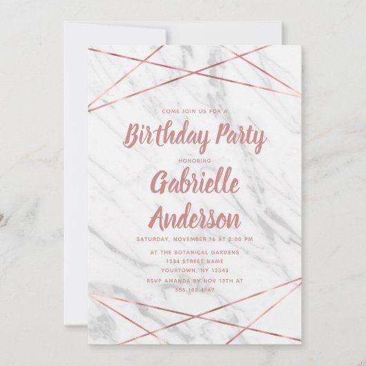 Invitation Marbre blanc Rose Gold Anniversaire Fête Invitatio (Devant)