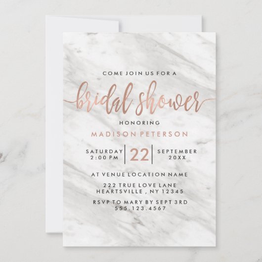 Invitation Marbre blanc & Rose Gold Bridal Showeuse Invitatio (Devant)