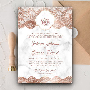 Invitation Marbre blanc Rose Gold Lace QR Code Mariage musulm