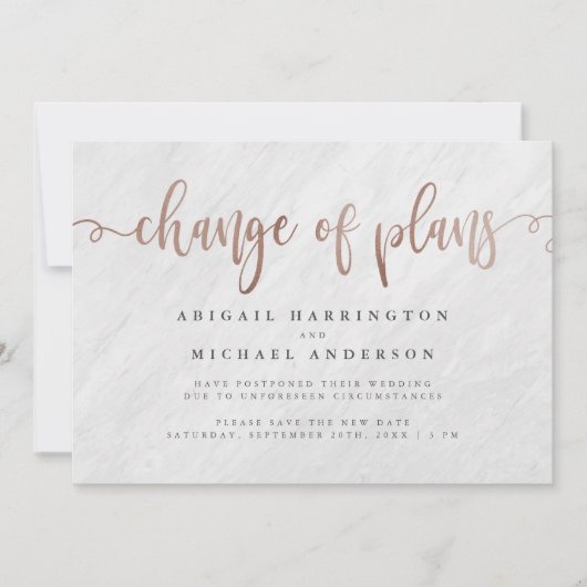 Invitation Marbre blanc & Rose Gold Script Changement de plan (Devant)