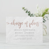 Invitation Marbre blanc & Rose Gold Script Changement de plan (Debout devant)