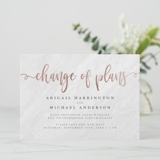 Invitation Marbre blanc & Rose Gold Script Changement de plan (Debout devant)
