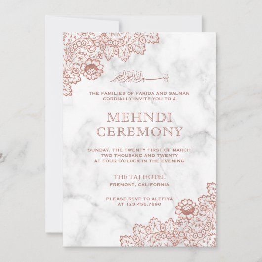 Invitation Marbre blanc Rose Or dentelle islamique Mehndi (Devant)