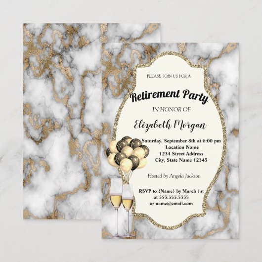 Invitation Marbre blanc, Verre à vin, Ballons, Parti de retra (Devant / Derrière)