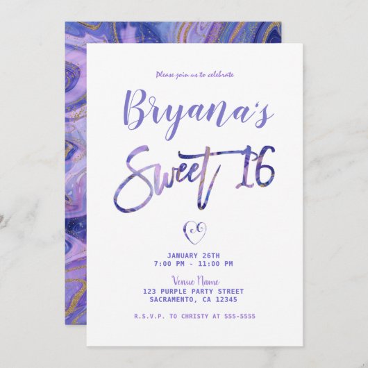Invitation Marbre blanc violet doré Chic Glam Sweet 16 Partie (Devant / Derrière)