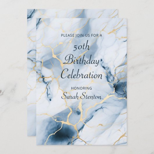 Invitation Marbre bleu clair 50e anniversaire (Devant / Derrière)