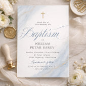 Invitation Marbre Bleu Doux Croix Baptême