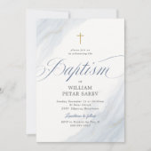 Invitation Marbre Bleu Doux Croix Baptême (Devant)