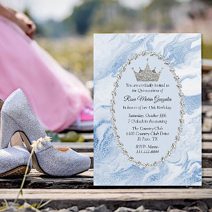 Invitation Marbre bleu et diamants Couronne Quinceañera