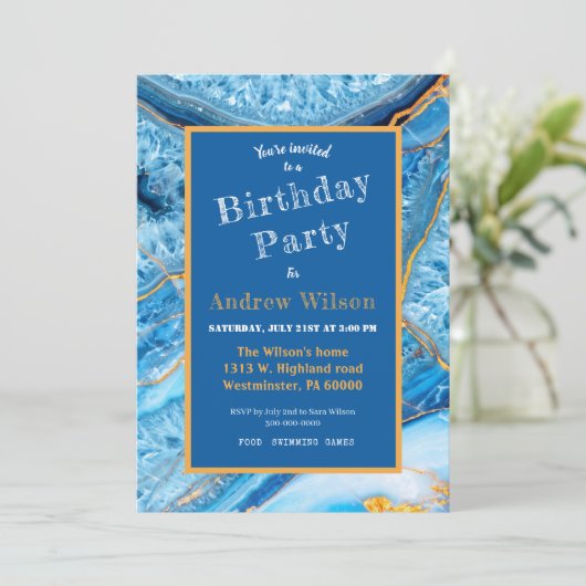 Invitation Marbre bleu et or (Debout devant)