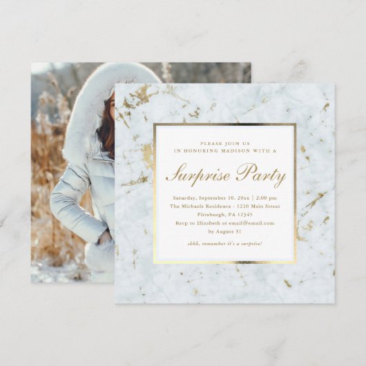 Invitation Marbre bleu Faux avec Photo Surprise Party (Devant / Derrière)