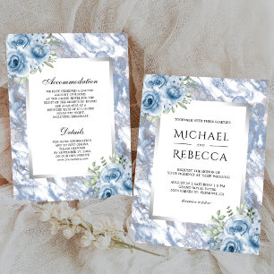 Invitation Marbre bleu foncé Argent floral tout en un Mariage