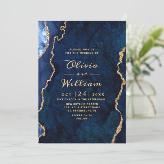 Invitation Marbre bleu marine moderne Mariage d'âge (Debout devant)