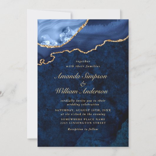 Invitation Marbre bleu marine moderne Mariage d'âge (Devant)