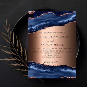 Invitation Marbre bleu marine rose or mariage