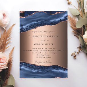 Invitation Marbre bleu marine rose or soirée mariage