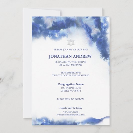 Invitation Marbre bleu moderne Ocean Ombre Bar Mitzvah (Devant)
