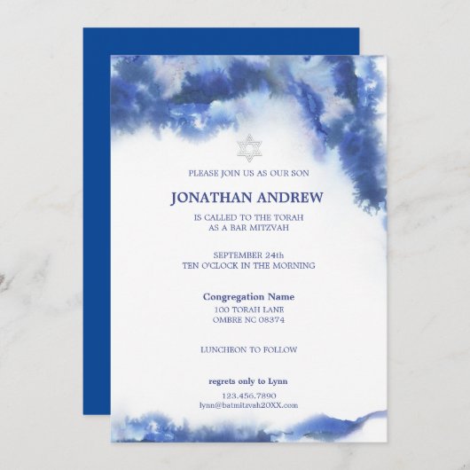 Invitation Marbre bleu moderne Ocean Ombre Bar Mitzvah (Devant / Derrière)