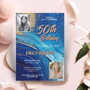 Invitation Marbre Bleu Or Paillettes 2 Photo 50e Anniversaire